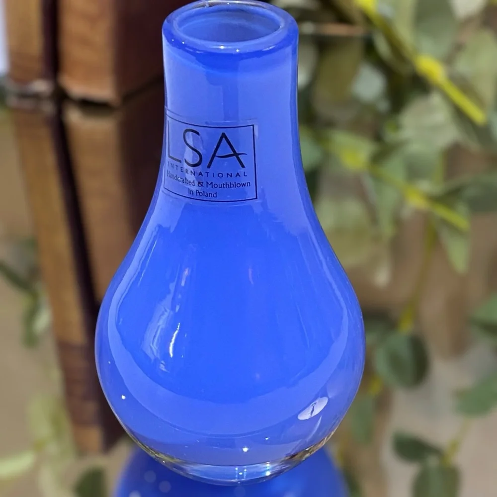 LSA International Poland Hand Blown Art Glass Blue Vase with Label